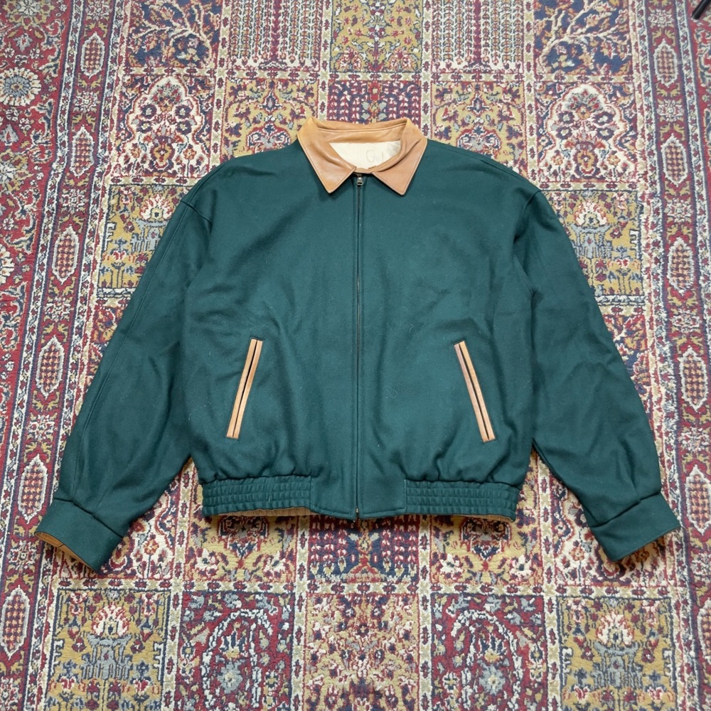 VTG‎ 80s 90s Bullock & Jones Wool Leather Trim Bomber Jacket Green 44 Harrington